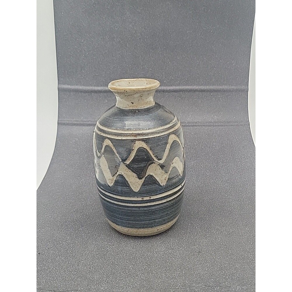 Vtg Studio Pottery Vase Grey Blue Tan Brown Signed Niles Geometric Abstract